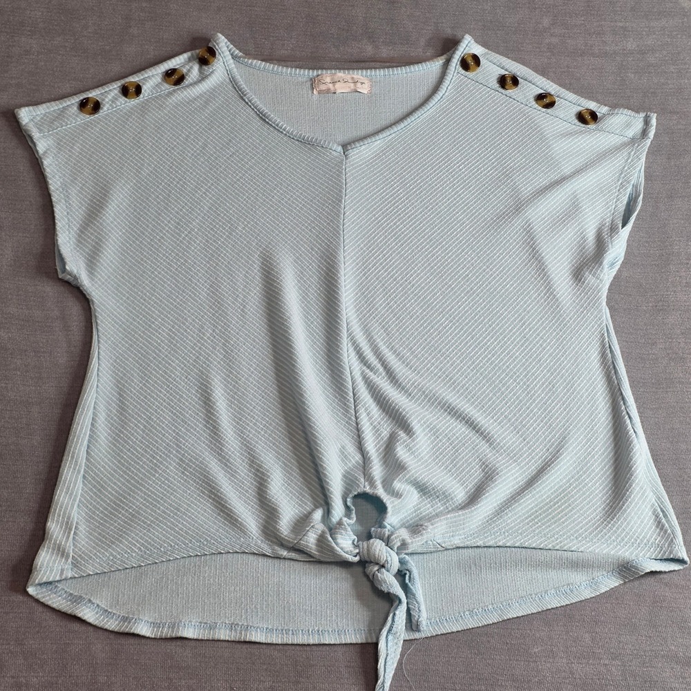 French Laundry Front Tie Top Womens 2XL Blue Ribbed Button Shoulder Short Sleeve